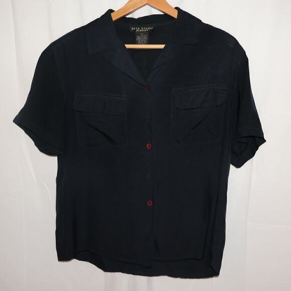 Seta Studio Blouses 100% Silk Size Small Short Sleeve Midnight Blue Button Up - Picture 6 of 13